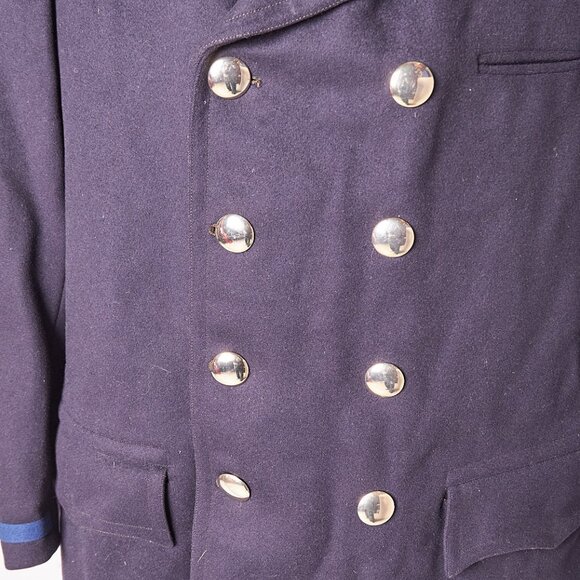 1960s Wool Uniform Pea Coat Gold Buttons and Blue Stripe Sleeve - Picture 9 of 13